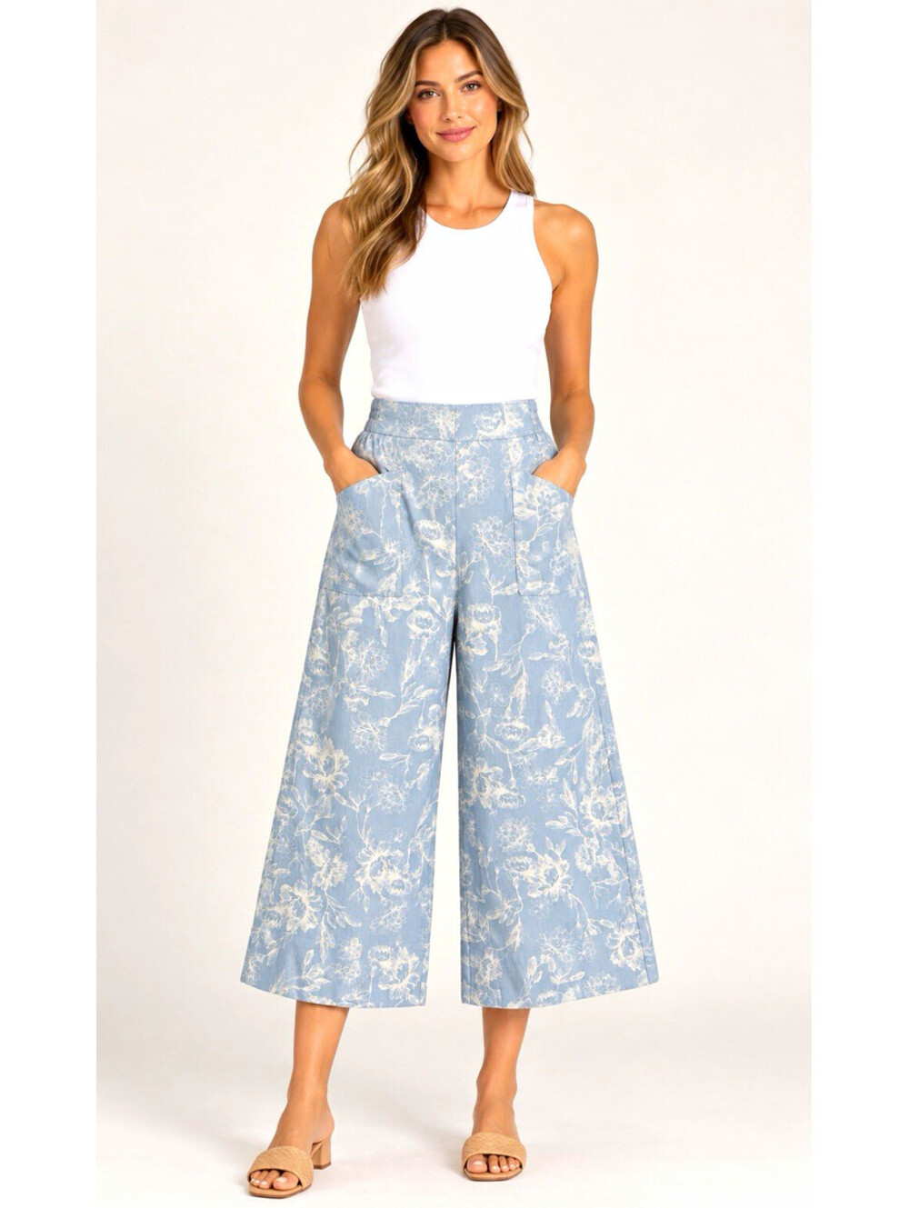 GiGio Women’s Blue White Floral Wide Leg Cropped Pants M Pockets Elastic